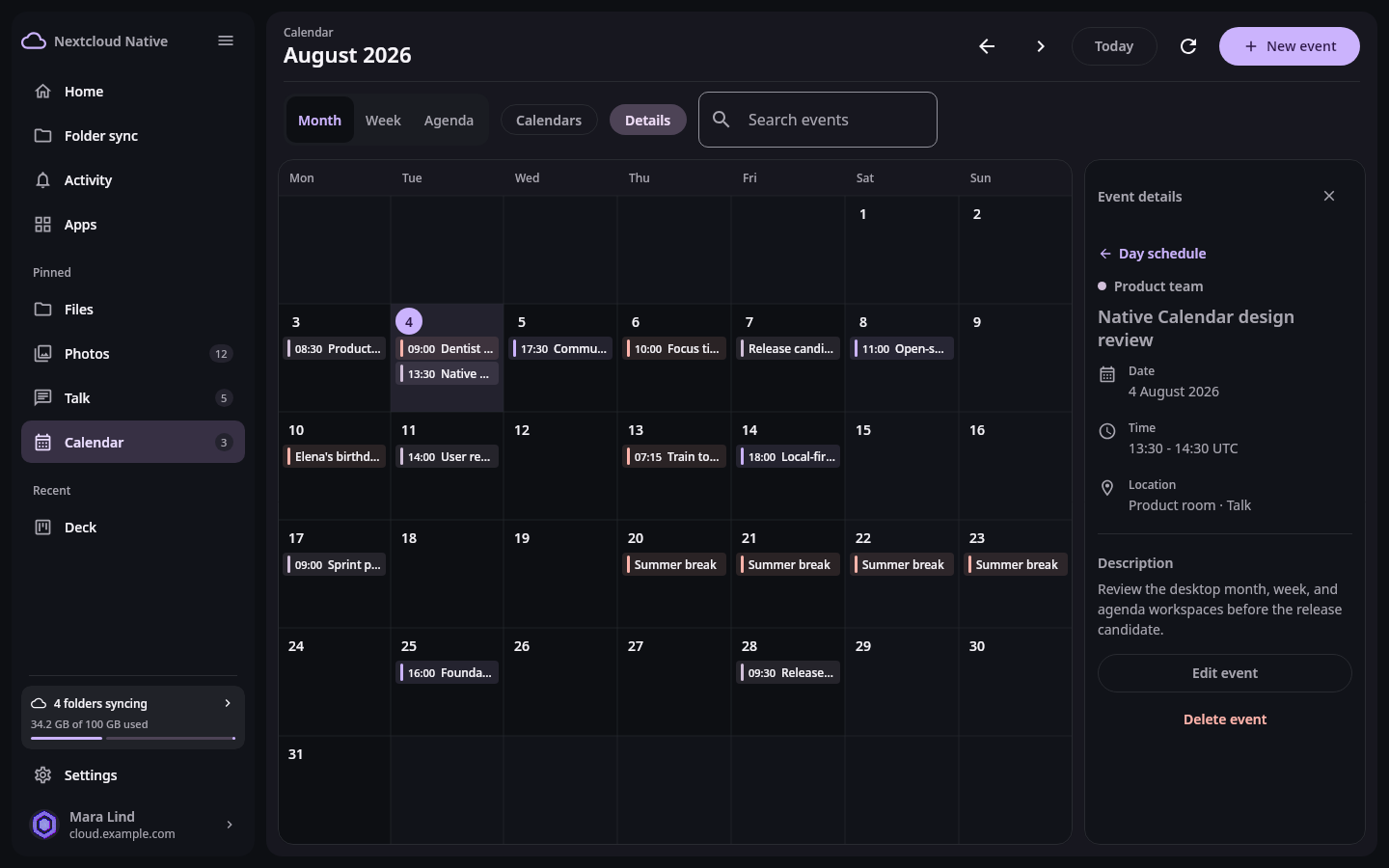 Nextcloud Native desktop Calendar with multiple named sources, visibility controls, writable and read-only labels, event counts, and selected-day details