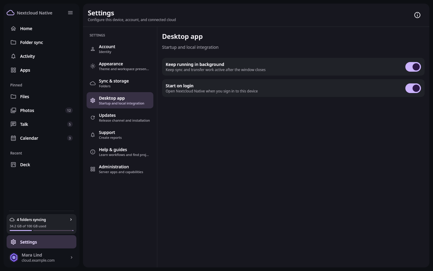 Nextcloud Native desktop Settings workspace with account, appearance, sync and storage, desktop app, updates, support, help, and administration sections