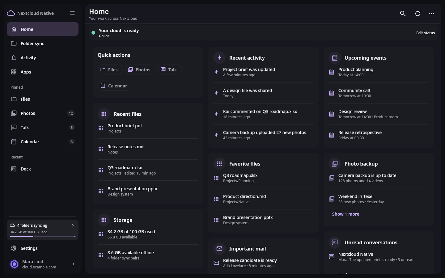 Nextcloud Native desktop home view with account status, recent files, activity, events, and photo backup